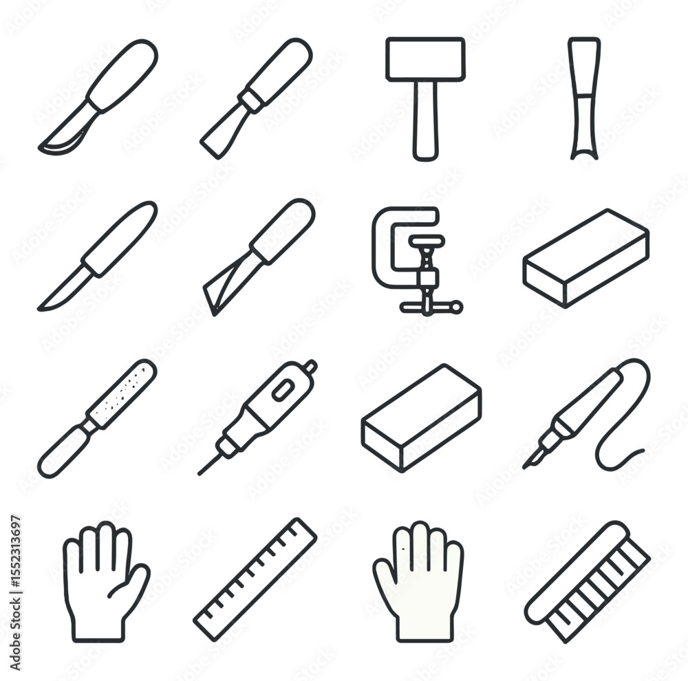 Fototapeta premium Wood carving tools icons in minimalistic line art : carving knife, chisel with wooden handle, mallet, gouge blade, detail knife, V-tool, bench clamp, sharpening stone, wood rasp, rotary tool,