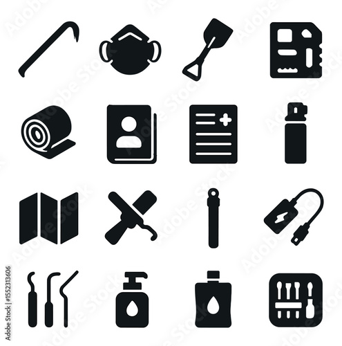 Urban survival kit essentials icons in silhouette solid black-filled shapes with clean, simple : crowbar tool, N95 mask, folding shovel, multitool card, cash roll, ID documents folder,