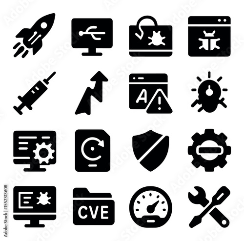 Exploitation and payload tools icons in silhouette solid black-filled shapes with clean, simple : exploit payload launcher, reverse shell tunnel, buffer overflow monitor, remote access trojan
