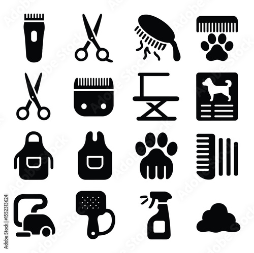 Fur trimming essentials icons in silhouette solid black-filled shapes with clean, simple : electric clippers, grooming scissors, de-shedding brush, comb with fur strands, styling shears,