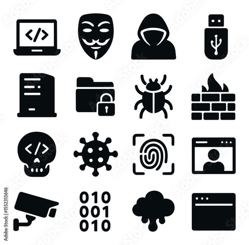 Dark web hacking tools icons in silhouette solid black-filled shapes with clean, simple : laptop with code, anonymous mask, hooded figure, USB stick, dark server rack, encrypted folder, bug