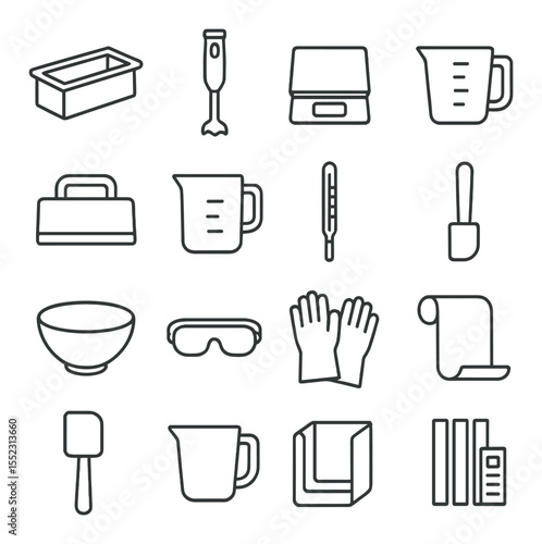 Cold process soap making tools icons in minimalistic line art : silicone loaf mold, stick blender, digital scale, measuring cup, soap cutter, lye-safe pitcher, thermometer, rubber spatula,