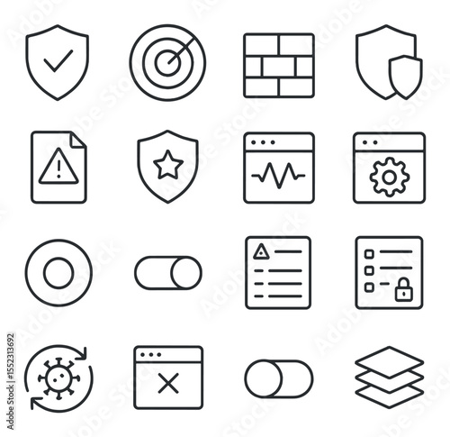 Real-time protection tools icons in minimalistic line art : shield with checkmark, live scan radar, firewall barrier icon, quarantine vault, suspicious file alert, threat neutralized badge,