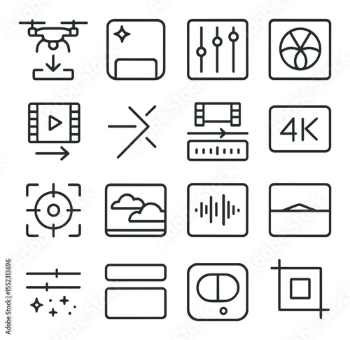 Post-production workflow icons in minimalistic line art : drone footage import icon, frame stabilization tool, color correction panel, cinematic LUT icon, slow motion editor, transition cut