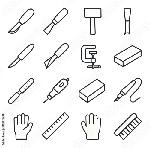 Wood carving tools icons in minimalistic line art : carving knife, chisel with wooden handle, mallet, gouge blade, detail knife, V-tool, bench clamp, sharpening stone, wood rasp, rotary tool,