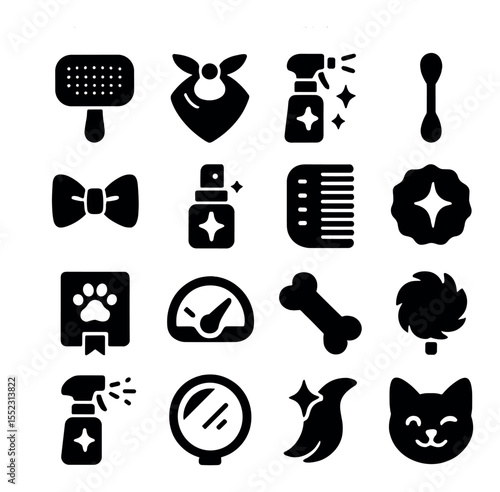 Post-groom care icons in silhouette solid black-filled shapes with clean, simple : silky coat brush, fresh bandana, coat conditioning spray, clean ear swab, stylish bow tie, breath freshening