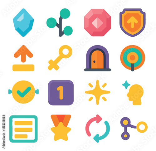Level progression system icons in modern flat vector in minimalistic vibrant color design: experience point crystal, skill tree branch, progress milestone gem, upgrade badge, stat boost icon,