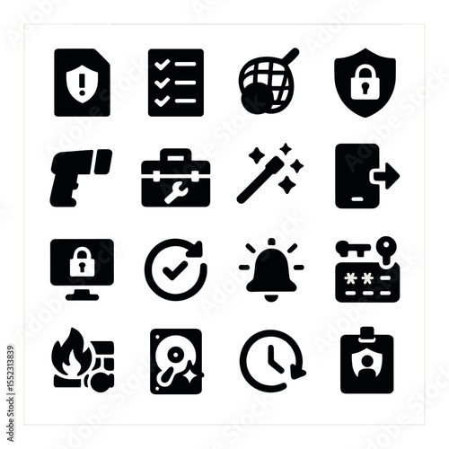 Response and containment icons in silhouette solid black-filled shapes with clean, simple : security incident report file, breach response checklist, threat containment net, system lockdown
