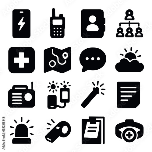 Communication and alerts in outage icons in silhouette solid black-filled shapes with clean, simple : charged phone, two-way radio, paper contact list, neighborhood phone tree, emergency app