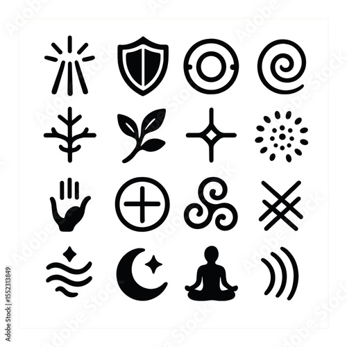 Healing and protection pages icons in silhouette solid black-filled shapes with clean, simple : light beam sigil, shield charm diagram, warding circle, aura cleanse spiral, restoration glyph,