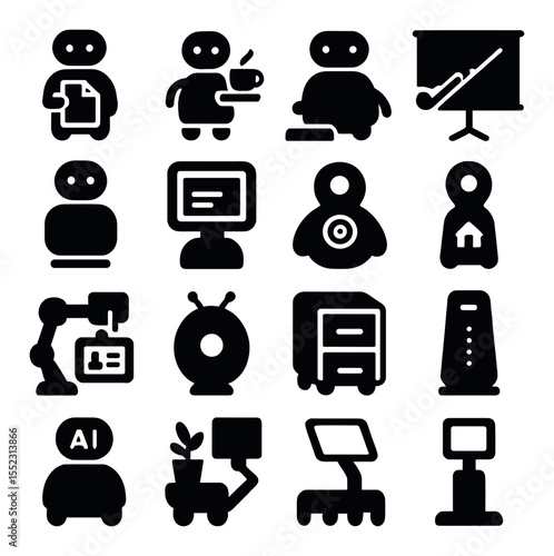 Office robot assistant icons in silhouette solid black-filled shapes with clean, simple : document delivery bot, robotic coffee server, desk-cleaning assistant, smart presentation pointer,