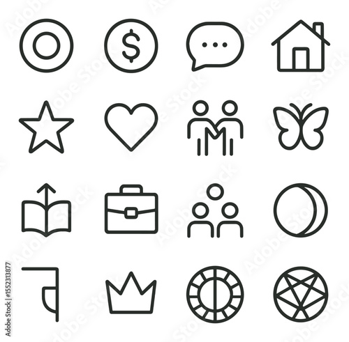 Astrological houses layout icons in minimalistic line art : 1st house of self, 2nd house of possessions, 3rd house of communication, 4th house of home, 5th house of creativity, 6th house of