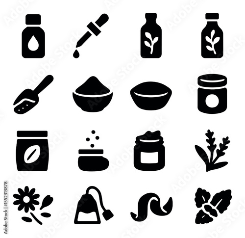 Soap scent and color additives icons in silhouette solid black-filled shapes with clean, simple : essential oil bottle, fragrance oil dropper, mica color jar, botanical infusion bottle,