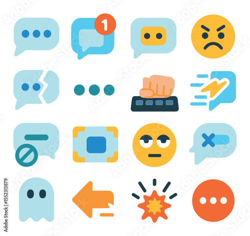 Typing tension moments icons in modern flat vector in minimalistic vibrant color design: typing dots icon, unread message bubble, typing pause symbol, angry emoji face, broken message bubble,