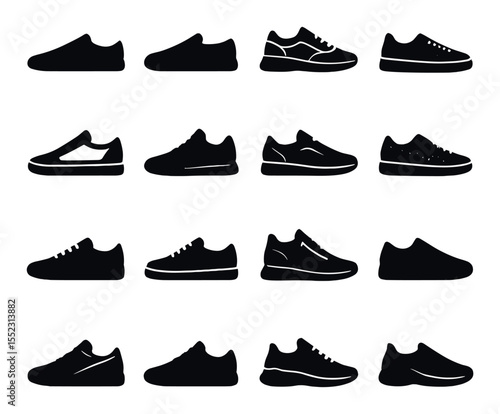 Low-top sneaker s icons in silhouette solid black-filled shapes with clean, simple : sleek minimalist low-tops, canvas slip-ons, suede-finish sneakers, textured panel designs, neon-accented