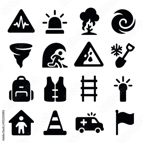 Evacuation during natural disasters icons in silhouette solid black-filled shapes with clean, simple : earthquake alert icon, flood warning siren, wildfire smoke symbol, hurricane winds icon,