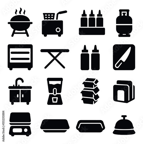 Street food equipment icons in silhouette solid black-filled shapes with clean, simple : portable grill, deep fryer, condiment rack, propane tank, food warmer box, folding table, sauce bottles,