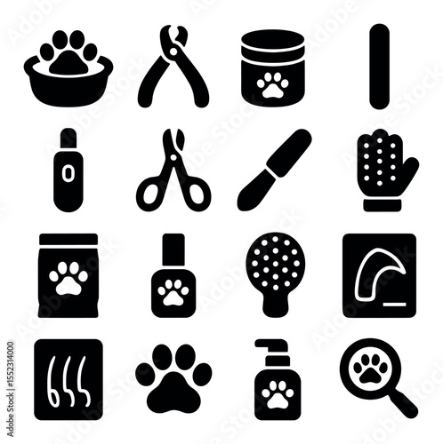 Nail and paw care icons in silhouette solid black-filled shapes with clean, simple : paw soak bowl, nail clippers, paw balm container, emery file tool, nail grinder device, cuticle trimmer,