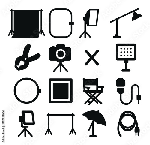 Studio green screen setup icons in silhouette solid black-filled shapes with clean, simple : green fabric backdrop, collapsible background frame, lighting softbox, overhead boom arm, backdrop