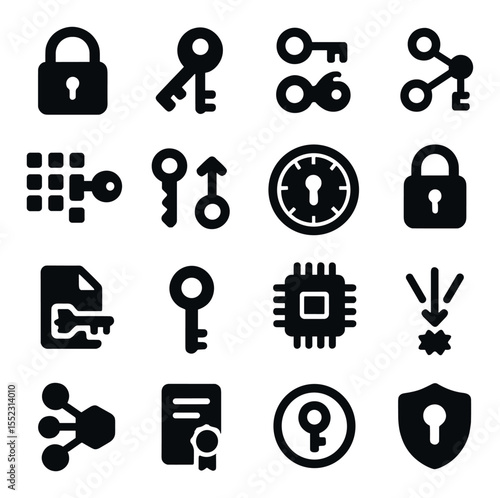 Encryption keys and algorithms icons in silhouette solid black-filled shapes with clean, simple : padlock with keyhole, symmetric key icon, asymmetric key pair, RSA algorithm symbol, AES block