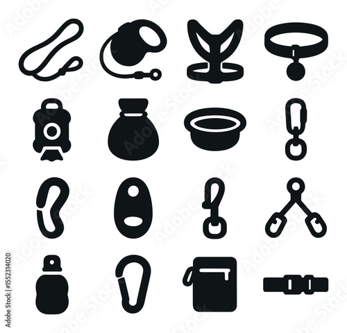 Dog walking gear icons in silhouette solid black-filled shapes with clean, simple : standard leash, retractable leash, harness with chest pad, collar with name tag, poop bag dispenser, treat