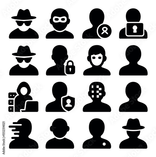 Digital anonymity icons icons in silhouette solid black-filled shapes with clean, simple : incognito user icon, masked profile avatar, hidden identity token, encrypted faceplate, private