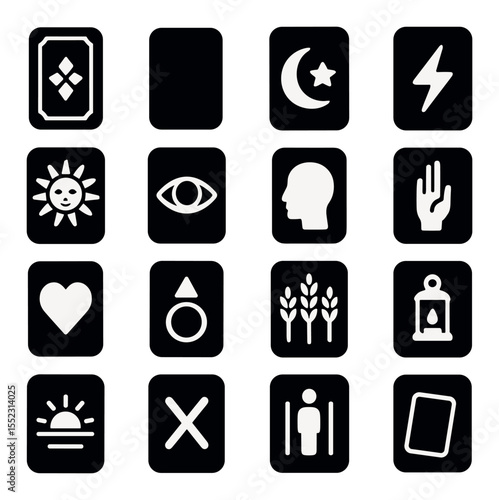 Classic tarot spread cards icons in silhouette solid black-filled shapes with clean, simple : past card icon, present card, future card, challenge card, outcome card, subconscious card,
