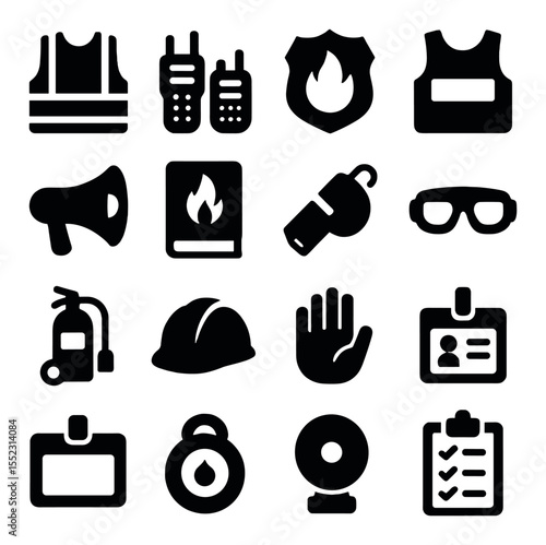 Fire drill training gear icons in silhouette solid black-filled shapes with clean, simple : high-visibility vest, walkie-talkie pair, fire warden badge, evacuation vest label, megaphone icon,