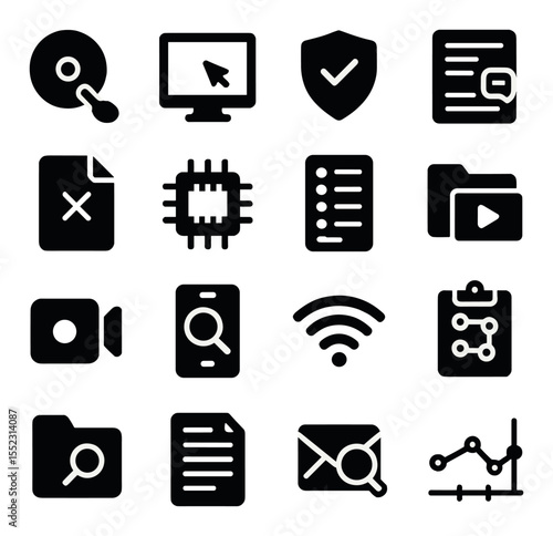 Evidence collection methods icons in silhouette solid black-filled shapes with clean, simple : disk image tool, screenshot capture icon, file integrity checker, chat transcript sheet, deleted