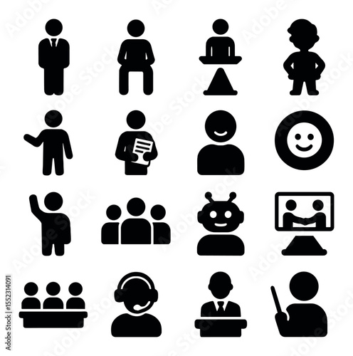 Virtual participant avatars icons in silhouette solid black-filled shapes with clean, simple : standing business avatar, sitting casual avatar, holographic presenter, animated team member,
