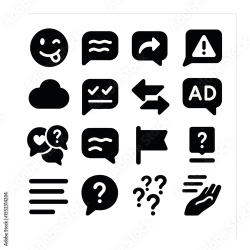 Message misinterpretations icons in silhouette solid black-filled shapes with clean, simple : sarcastic tone symbol, misread text bubble, message resend icon, wrong recipient alert, unclear