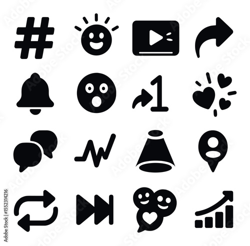 Viral content elements icons in silhouette solid black-filled shapes with clean, simple : trending hashtag icon, reaction emoji burst, viral video thumbnail, repost arrow, notification bell,