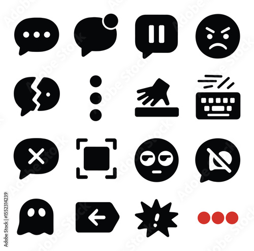 Typing tension moments icons in silhouette solid black-filled shapes with clean, simple : typing dots icon, unread message bubble, typing pause symbol, angry emoji face, broken message bubble,