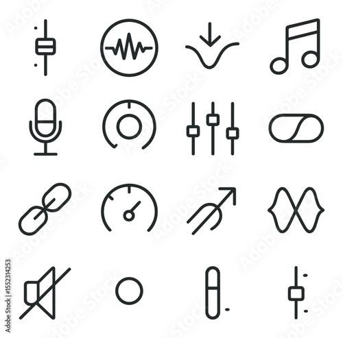 Audio editing section icons in minimalistic line art : volume fader slider, waveform boost button, audio ducking icon, background music note, voiceover mic input, stereo pan knob, EQ adjustment