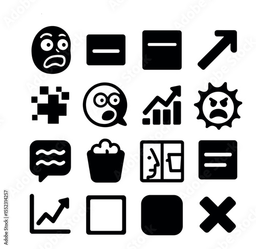 Meme culture symbols icons in silhouette solid black-filled shapes with clean, simple : exaggerated reaction face, ironic text panel, image caption box, crop-out arrow, low-res filter icon,