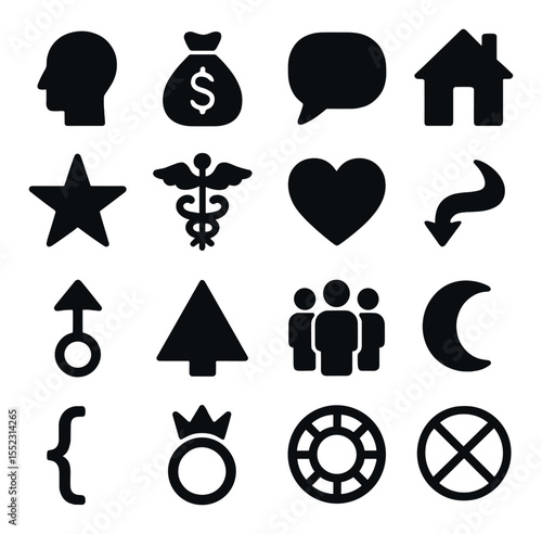 Astrological houses layout icons in silhouette solid black-filled shapes with clean, simple : 1st house of self, 2nd house of possessions, 3rd house of communication, 4th house of home, 5th