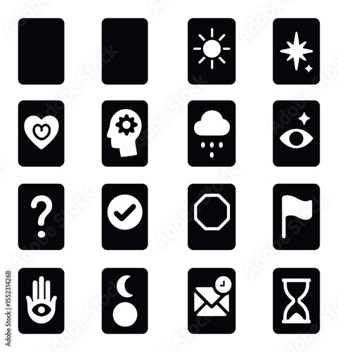 Yes or no tarot layout icons in silhouette solid black-filled shapes with clean, simple : single card upright, single card reversed, clarity card, confirming influence card, emotional clarity