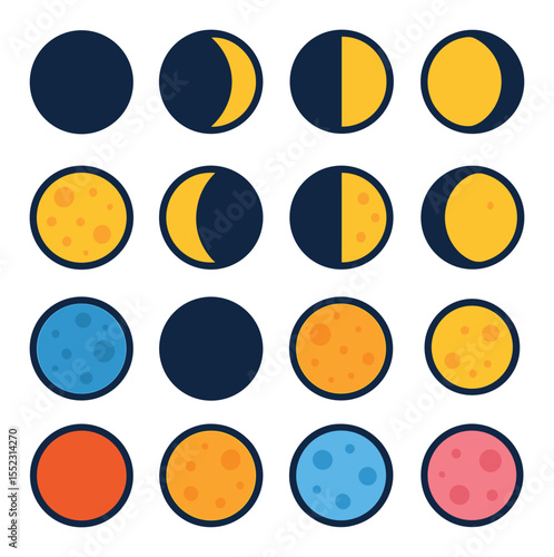 Lunar calendar phases icons in modern flat vector in minimalistic vibrant color design: new moon, waxing crescent, first quarter, waxing gibbous, full moon, waning gibbous, last quarter, waning