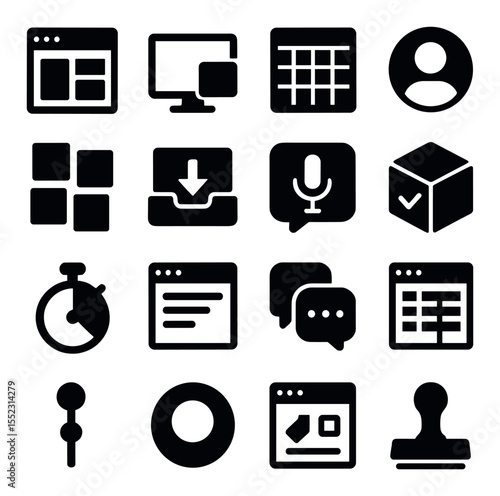 Work tools and features icons in silhouette solid black-filled shapes with clean, simple : task management hub, screen sharing interface, smart calendar grid, avatar presence bubble, virtual