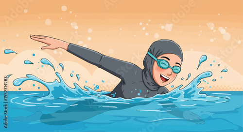 Young Woman Swimming with Joy in the Pool, Splashing Water