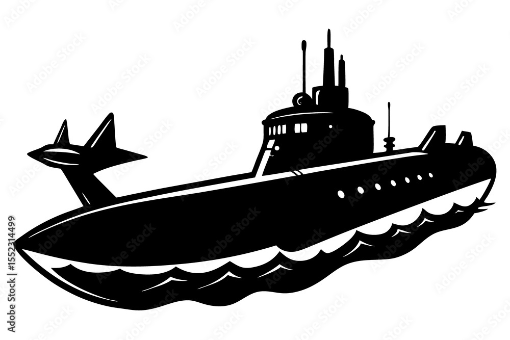 Fototapeta premium Submarine Surfacing from Deep Sea Vector Silhouette