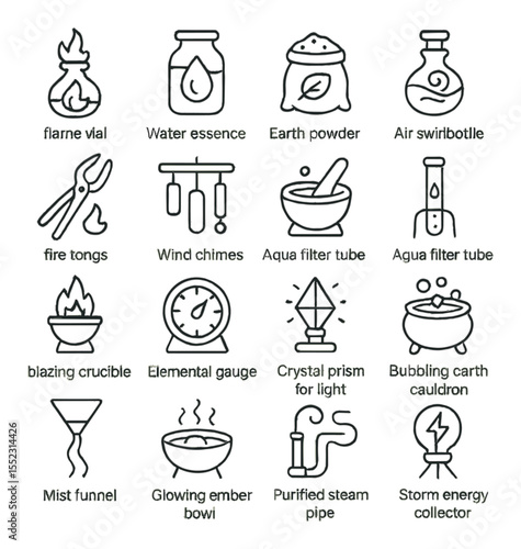 Elemental alchemy instruments icons in minimalistic line art : flame vial, water essence jar, earth powder sack, air swirl bottle, fire tongs, wind chimes, earthstone grinder, aqua filter tube,