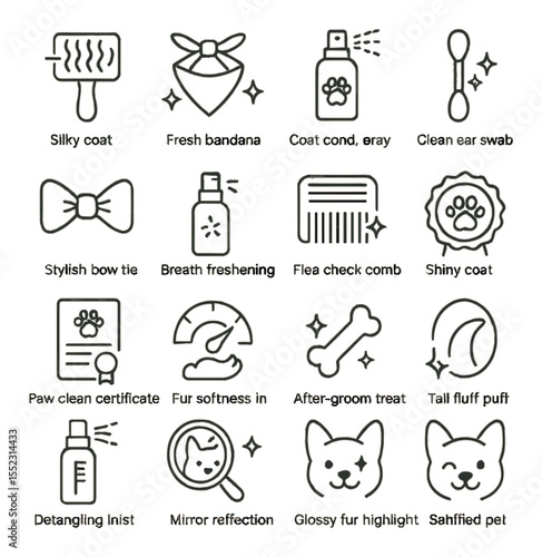 Post-groom care icons in minimalistic line art : silky coat brush, fresh bandana, coat conditioning spray, clean ear swab, stylish bow tie, breath freshening spray, flea check comb, shiny coat