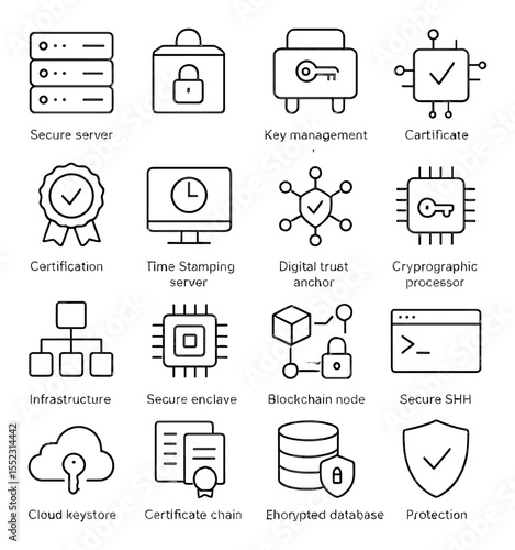 Cryptographic infrastructure icons in minimalistic line art : secure server stack, hardware security module, key management unit, root of trust chip, certificate authority badge, time-stamping
