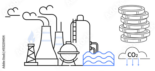 Industrial factory with smoke stacks emitting pollution, gas flames, water, and CO2 cloud. Coin stack symbolizes carbon tax. Ideal for environment, pollution, energy, economy sustainability