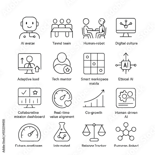 Future workplace dynamics icons in minimalistic line art : AI colleague avatar, hybrid team table, human-robot brainstorming scene, digital culture hub, adaptive leadership screen, tech mentor