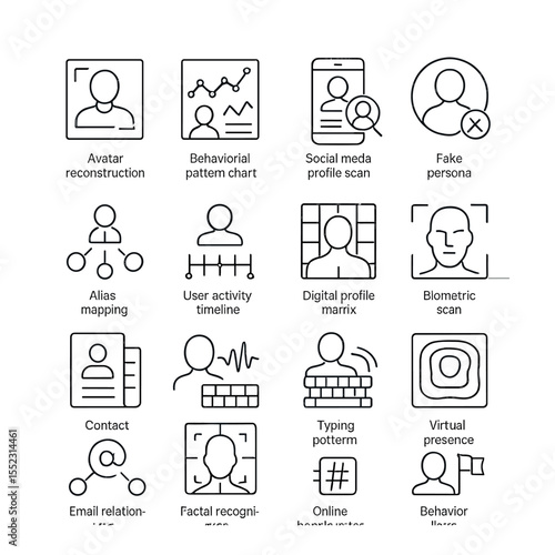 Identity and profile analysis icons in minimalistic line art : avatar reconstruction panel, behavioral pattern chart, social media profile scan, fake persona detector, alias correlation map,