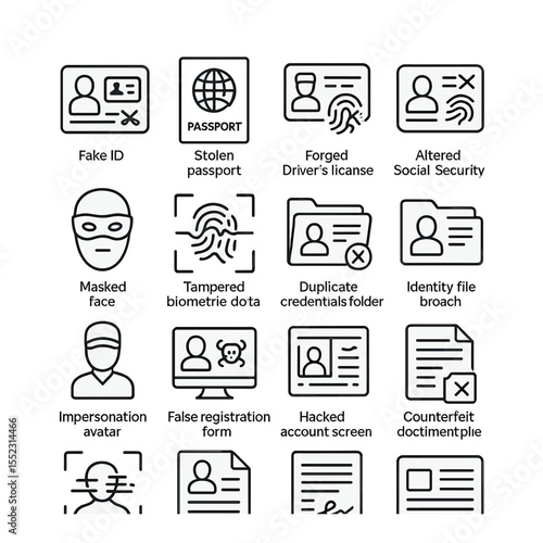 Stolen identity elements icons in minimalistic line art : fake ID card, stolen passport icon, forged driver's license, altered social security card, masked face profile, tampered biometric data,