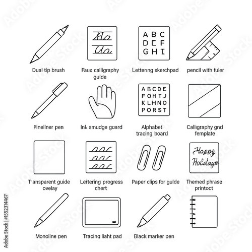 Modern calligraphy kit items icons in minimalistic line art : dual tip brush pen, faux calligraphy guide, lettering sketchpad, pencil with ruler, fineliner pen, ink smudge guard, alphabet