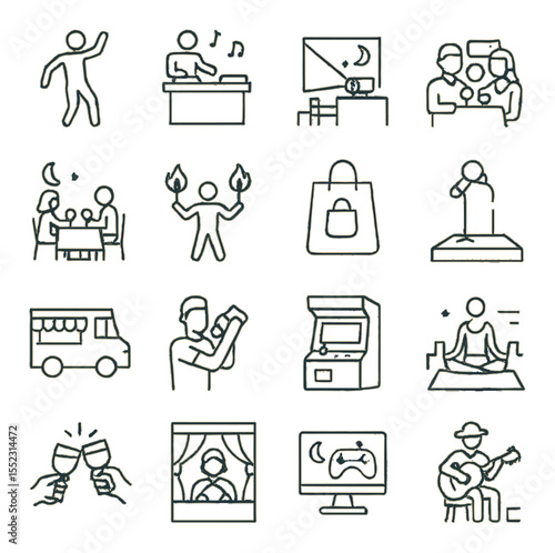 Nightlife activities icons in minimalistic line art : dancing silhouette, live DJ setup, rooftop movie projector, group selfie moment, couple dining at night, fire show, night shopping bag, open
